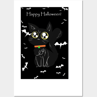 Happy Halloween - Black Big Eyed Cat Posters and Art